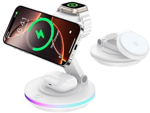 Cargador Mag Safe, Estación de Carga 4 en 1 para Apple Watch y iPhone, Plegable, Giratorio con Ajuste de Luz, Cargador Inalámbrico Soporte de Carga Mag Safe para iPhone 16/15/14, AirPods (Sin Adaptado