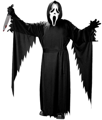 Costume Ghostface, Unisex Costume da Mietitore, Halloween Horror Dress Up,con 1 Scream Ghostface Mask,1 Veste Nera,1 Cintura,2 Guanti e 1 Coltello da Puntello,per Halloween Carnevale Cosplay Feste (S)