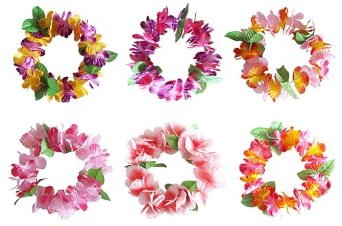JIHUOO Lot de 6 bandeaux de fleurs hawaïennes - Couronne florale - Couronne florale - Bandeau de fleurs tropicales - Pour plage, fête, piscine