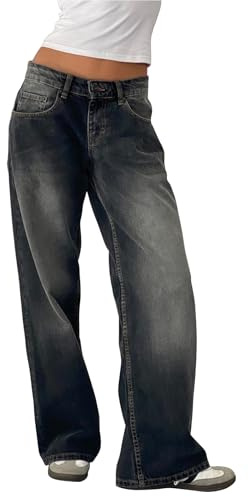 Pantalon en jean taille basse pour femmes, boutons à glissière, pantalon uni avec poches Y2K, style streetwear, coupe large, style baggy, gris, S