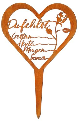 Fiada Wetterfest Grabstecker Herz Grabschmuck Trauerdekoration Metall Stahl Rost Grabstecker mit Spruch Grabschmuck Grabdekoration für Gärten Höfe Friedhofsdeko (Rose)