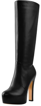 blingqueen Women's Platform Boots Side Zip Up Knee High Boot with Block Heel Comfort Long Booties