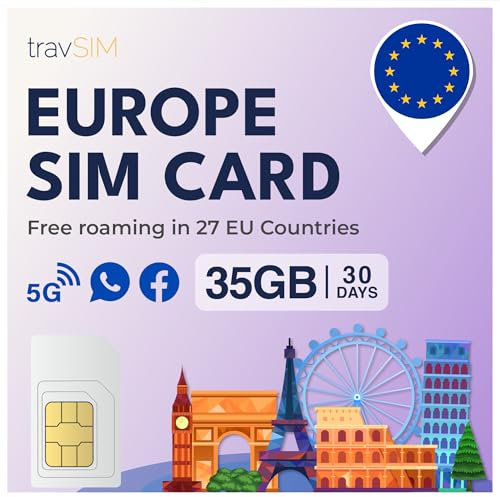 travSIM Simkort Europa | 35 GB data i 4G/5G-hastigheter | Endast data SIM-kort | Använd SIM-kort för Europa Res i 27 länder i EU | Plan på SIM-kort för Europa Giltig i 30 dagar