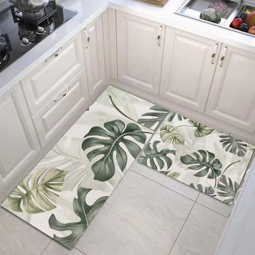 MULERN 2 Stück Küchenläufer Grüne Monstera-Blätter, Wasserdicht Küchenteppiche, Waschbar Teppich Läufer Küche, Anlage rutschfest Küchenmatte Für Esszimmer Küche Flur, Foyer 43X75Cm+43X150Cm