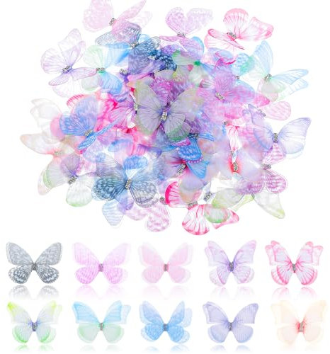 3D Schmetterlinge 60 Stücke Organza Stoff Durchscheinender Chiffon Schmetterling Deko Schmetterlinge Farbverlauf Kopfschmuck für DIY Dekoration Scrapbooking Gepäck Wand Fenster Haarspange Dekoration