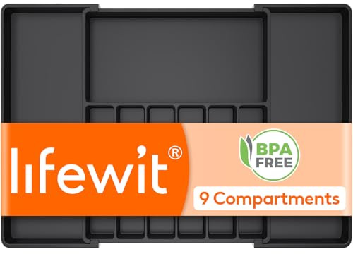Lifewit Portaposate da Cassetto, Organizer Cucina Espandibile, Porta Posate Regolabile in Resistente Plastica per Cucchiai e Forchette, Profondità 47cm, Largezza 47-84 cm, 1 Pacchi, Nero