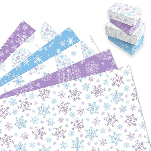 MORAINJAY 12 Feuilles Papier Noël, Papier Cadeau Noel Flocons Neige Bleus Violets, Emballage Cadeau pour Enfants, Garçons et Filles, Anniversaire, Hiver et Fêtes, 68 x 50 cm
