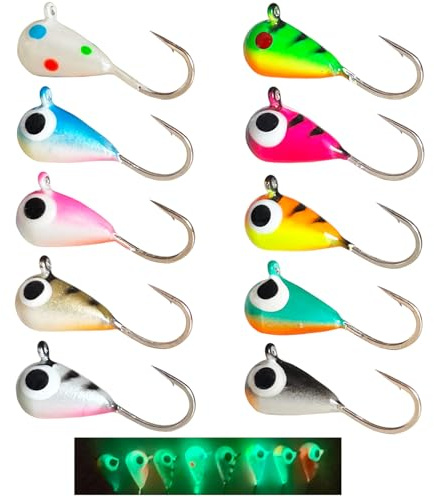 Skipaelf 10pcs Tungsten Ice Fishing Jigs UV Glow in Dark Ice Fishing Lures Sensitive Tungsten Tear Drop Ice Fishing Jig Head for Crappie Panfish Walleye 5mm