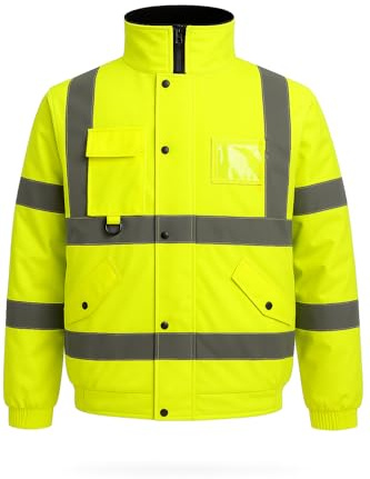 BLOOM BLENDS High Visibility Bomber Jacket Waterproof Reflective Safety Coat – Hi Vis Workwear Winter Jacket with fleece Lining, Waterproof Outer & Removable Hood (UK, XL, Yellow)