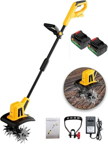 Motozappa da Giardino a Batteria, Motozappa Elettrica Pieghevole con Batteria al Litio Ricaricabile e Maniglia Regolabile, Larghezza di Lavoro di 25 cm, Profondità Lavorazione 22 cm(Two batteries)