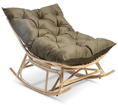 Desser Natural Rattan Papasan Rocking Chair with Square Handmade Cushion – Handcrafted Solid Rattan Rocker for Living Room, Bedroom, Conservatory & Dry Outdoor Use – Natural in Olive