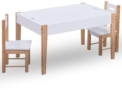 Ziaphsol Barnsittgrupp med krittavla, 3-delat set för barnrum av MDF och furu, bord med förvaringsfack, 2 stolar för lek, mat, läsning och förvaring i barnrummet