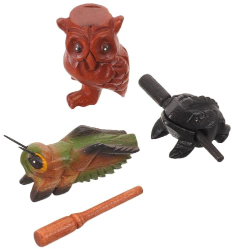AMUSLESUR 3pcs Wooden Guiro Animal with Rhythm Sticks Handcrafted Frog Cricket Owl Percussion Instruments for Realistic Nature Sounds Safe Smooth Surface Educational Latin Music Tool