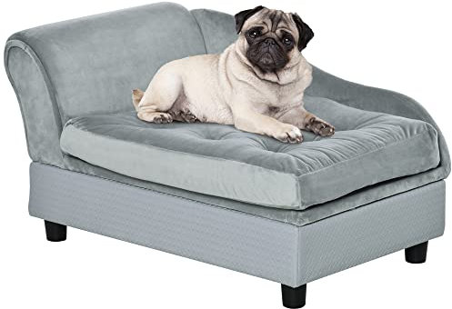 PawHut Dog Sofa with Storage, Pet Chair for Small Dogs, Cat Couch with Soft Cushion, Light Grey, 76 x 45 x 43 cm