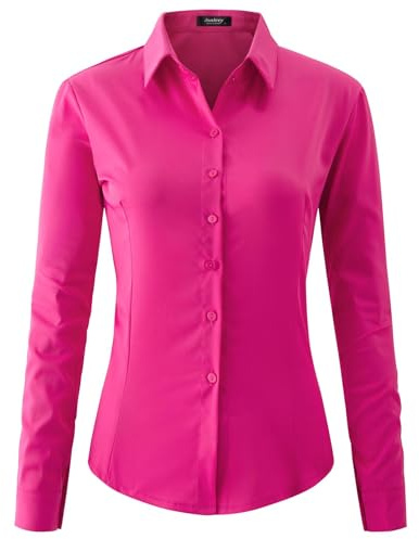 jonivey Womens Long Sleeve Button Down Stretch Dress Shirt Soft Wrinkle Free Work Casual Business Office Blouse (Hot Pink,XL)