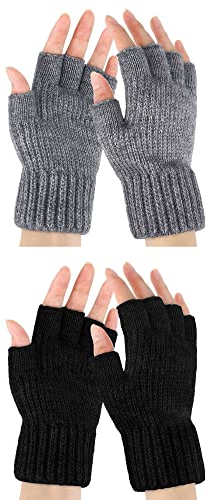 2 Pares Guantes de Punto Térmicos sin Dedos Mitones Cálidos de Medios Dedos para Invierno Hombre (Negro, Gris Claro)