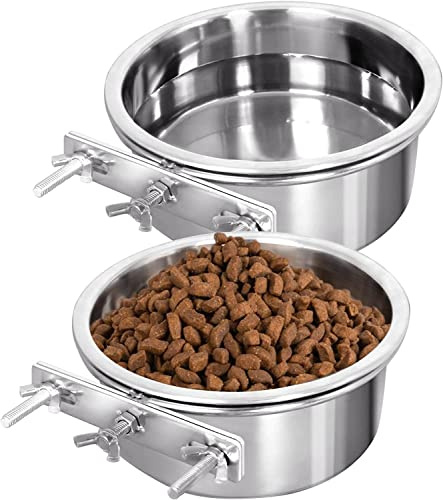 Hniuyun Water Bowl Food Bowl for Kennel Cage Crates, 2 Pcs Hanging Pet Bowl, Stainless Steel Bowl Quick Lock Bowls for Dog Cat Bird Guinea Pig Rabbit Chicken Coop(14-16cm), Silver