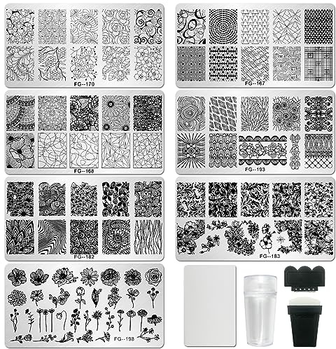 AddFavor Nail Stamper Kit 7pcs Nail Stamping Plates Geometric Mandala Flower Nail Stencils with 2 Stamp and 2 Scraper for Home Salon Manicure Design Supplies Tools