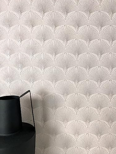 Newroom Tapete Taupe Vliestapete Fächer - Mustertapete Modern Grau Silber Ornamente Glänzend Retro Vintage Vintage Orientalisch inkl. Tapezier-Ratgeber