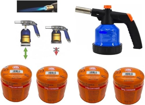 SMH LINE® Brûleur à gaz avec 4 cartouches à souder chalumeau à souder Allume-gaz Bunsen Brûleur à gaz avec flamme réglable Allumage piézo Soudure, SM-142