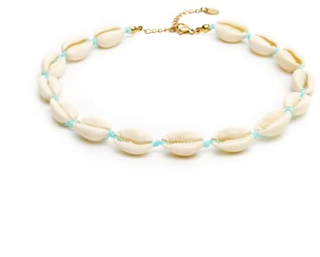 Muschelkette für Damen und Herren - Mit vergoldetem Verschluss und Echtheitszertifizierung - Muschel Halskette, Muschel Choker (XS-S, Blau)