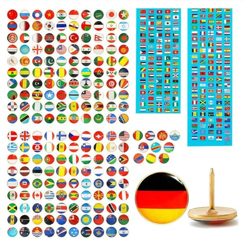 200 St Nationell Flagga Tumstift Rostfritt Stål Genomskinligt Mönster Box Packad Kontorsdekoration Landsflagga Tryckstift med Styrpapper