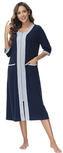 rismart Donna Manica 3/4 Zip Cappotto da Casa Casual Collo a V Camicia da Notte Vestaglia Abito Pigiama Marine Blue,XXL