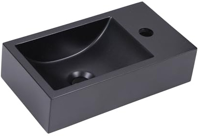 Kleines Gäste-WC Waschbecken aus Premium Quartz, 40x22 cm, Schwarz | Handwaschbecken, flexible Wand- oder Aufsatzmontage, Hahnloch Rechts