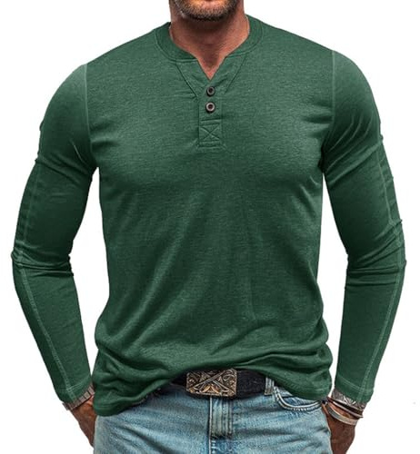 RQPYQF Maglietta da Uomo Manica Lunghe Casuale Henley T-Shirt Maglie a Manica Lunga Leggera Top vestibilità Regolare CS33 (Verde, XL)