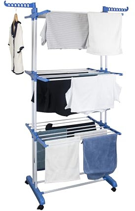 Hyfive Clothes Airer Clothes Drying Rack Extra Large 4 Tier Clothes Horse Drying Rail Stainless Steel Garment Laundry Clothes Dryer Racks Blue