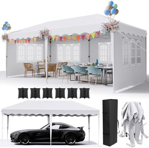 Pop up-lusthus 3 x 6 m, vattentätt 420D Oxford-tält med 6 sidopaneler, justerbar höjd (250–270 cm), UV 50+ skydd, 12 st markkrokar, robust stålram för trädgård, fester, marknader (vit)