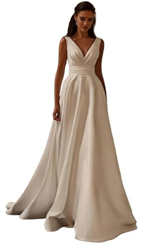 TSxuelian Vestido de novia sencillo de satén con cuello en V para mujer, plisado, acampanado, vestido de novia, Marfil, 46