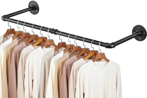 JF HOME BLISS Wall Mounted Clothes Rail Small Garment Bar Towel Holder Industrial Pipe Hanging Rack Vintage Retro Retail Detachable H Wardrobe Rail for Bedroom (Black 1pc, 96cm)