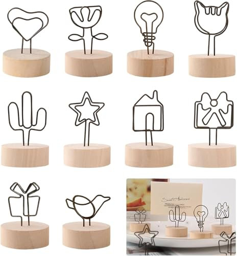 Alriedy 10 Stück Tischkartenhalter Metall,Fotohalter mit Klammern,Postkartenhalter & Bilderhalter zum Hinstellen mit Holzbasis, Tischkartenhalter für Hochzeit, Party, Menükarten & Zettelhalter Dekor