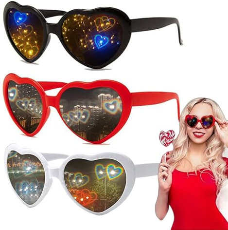 Joyes Herz Brille Effekt, 3D Heart Glasses Beugungs Brille Herzförmige Sonnenbrille, Lustige Brillen für Fasching Musikfestivals Party Bar Feuerwerk Musik im Freien Party Bar Nachtclub.3 Stück
