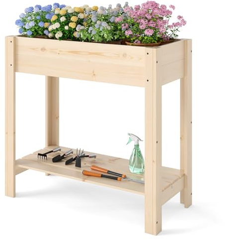 HOMASIS Jardinière surélevée avec étagère, bac à plantes en bois de sapin avec trou de drainage, parterre de fleurs surélevé pour jardin, balcon, terrasse (naturel clair, 81 x 37 x 77 cm)