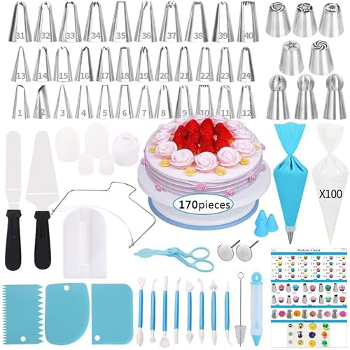 Kit di strumenti per la decorazione di torte, 170 pezzi, set di accessori da forno con piatto girevole, ugelli per pasticceria per crema e pasticceria, beccucci per glassa, strumenti da forno per
