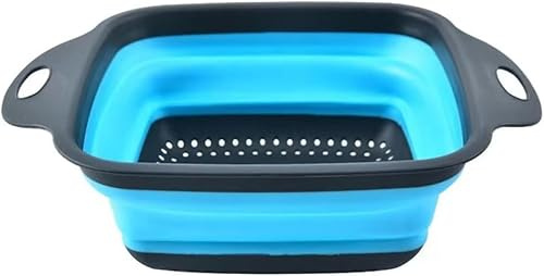 Collapsible Silicone Strainer, Foldable Kitchen Colander Fruit Vegetable Basket, Collapsible Colander Strainers in Silicone Food Foldable Hook Space Saving (Blue/Black)