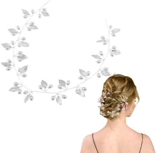 CABODYALS Postiche en Feuille d'argent avec Perles de Vigne Diadème de Déesse Grecque Couronne Délicate en Alliage pour Femmes Mariée Demoiselle d'honneur Bijoux de Mariage Décoration de Costume