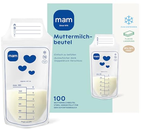 MAM Lot de 100 sacs à lait maternel - En matériau sans BPA ni BPS - Anti-fuite - Avec double fermeture à pression - Fond pratique - Plat et peu encombrant - 180 ml