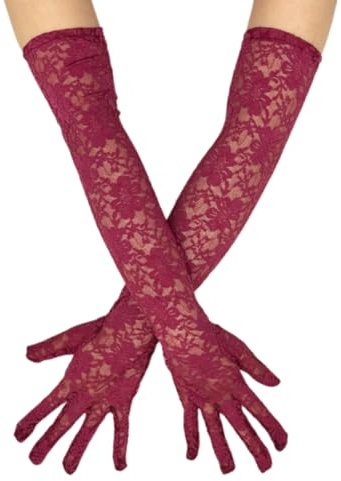 Gissroys 2 st snygga armhandskar andningsbara spetshandskar stretchig polyester för modetillfällen bröllopsceremoni, vinröd, En Storlek