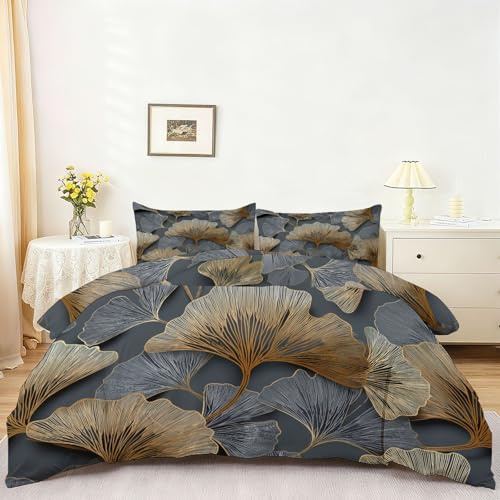 Juego de Funda nórdica de 220 x 240 cm, Juego de Ropa de Cama Estampado Planta Lujo Líneas De Hoja De Ginkgo - Gris Oscuro Reversible Suaves Fundas nórdica con 2 Almohadas (50 x 75 cm)