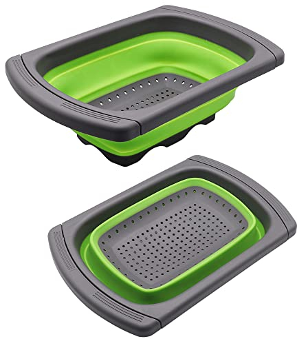 CCUCKY Passoire Pliante 3.8L Avec Poignées Extensibles,Économie de Rythme,Drainage Rapide pour Les Travaux de Cuisine,Convient à la Plupart des Tailles D'évier,Vert