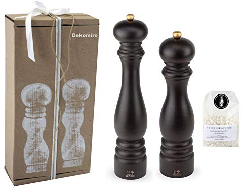Dekomiro Peugeot Set Paris Pfeffermühle und Salzmühle Schoko 40 + 30 cm Geschenkset mit 100 gr. Salz