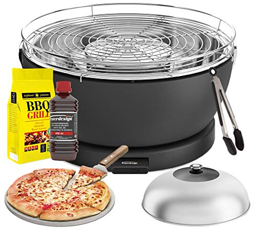 YesEatIs by FEUERDESIGN - Vesuvio Grill Anthracite - Kit mit ZÜNDGEL + Kohle 3 Kg + GRILLZANGE + Pizzastein mit Schaufel + Kuppel aus Edelstahl