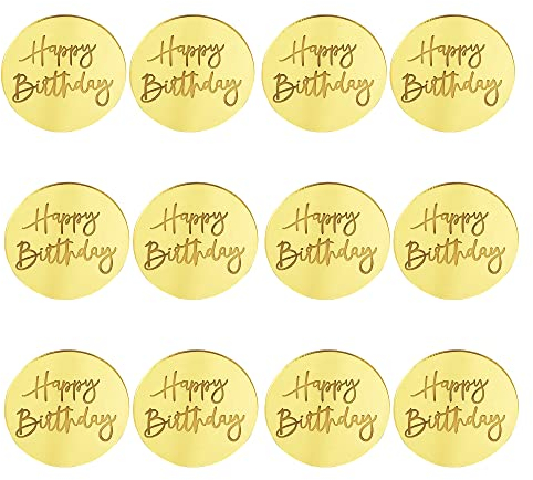12 Pcs Acrylic Cake Toppers 2 Inches Round Gold Happy Birthday Cake Topper Mini Mirror Acrylic Happy Birthday Cupcake Disc Toppers for Birthday Party Decor