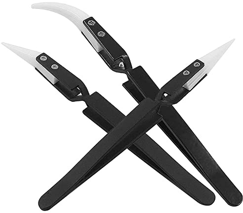 Saipe 3pcs Stainless Steel Anti-Static Ceramic Solder Tweezers Non-Conductive, Highly Heat Resistant, Anti-Magnetic Straight Curved Tips Precision Tweezers for Electronic Soldering Tool
