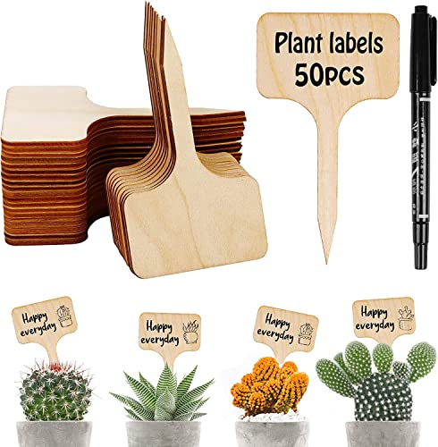 Lot de 50 étiquettes pour plantes de jardin, marqueurs de plantes en bambou, étiquette T type étiquettes de jardin réutilisables, étiquettes pour plantes d'extérieur, pots de légumes, avec marqueur