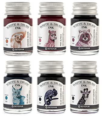 Horizon Octopus Write & Draw Ink Set - Waterproof Calligraphy & Drawing Ink for Fountain Pen, 6 x 10 ml