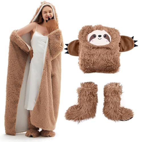 Faultier Decke mit Ärmeln und Hüttenschuhe - Faultier Geschenk für Frauen | Sherpa Fleece Kuscheldecke mit ärmeln, Tragbare Decke zum Anziehen als Weihnachten Geburtstagsgeschenk für Frauen Damen